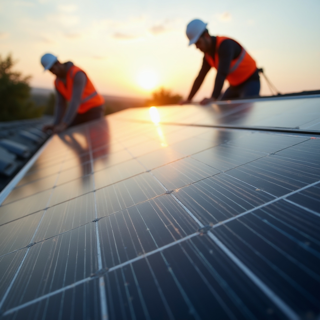 Detail fotovoltaických panelů při instalaci na střeše rodinného domu